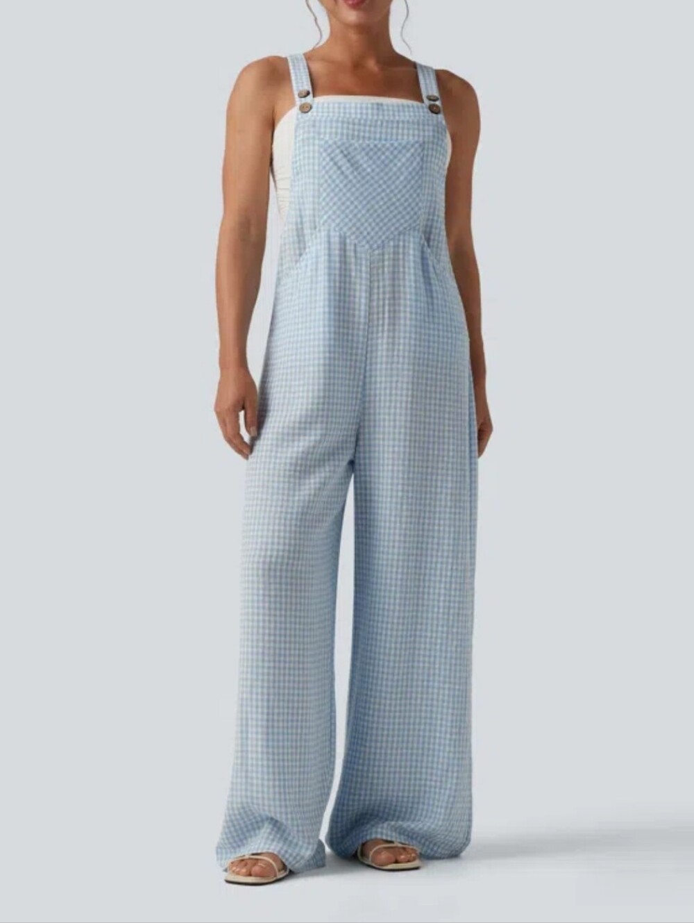 HALARA Plaid Casual Linen-Feel Overalls With Pockets NWT Medium Blue Cream